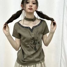 亚文化朋克风千禧Y2K辣妹设计感拼接小众复古鸡眼短袖T恤百搭上衣