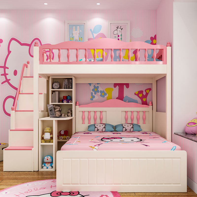 儿童上下铺床女孩双层床多功能组合床高低床粉色公主子母床交错式