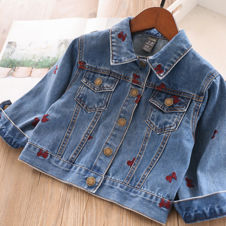 女童牛仔外套宝宝牛仔衣2023秋季新款蝴蝶结刺绣翻领长袖牛仔外套