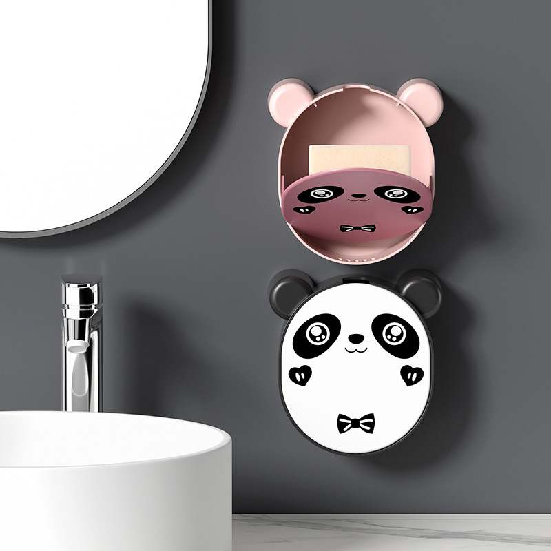 Cartoon Panda Soap Dish Shelf Bathroom Wall Storage Punch-Free Wall-Mounted Drain Soap Box Shelf