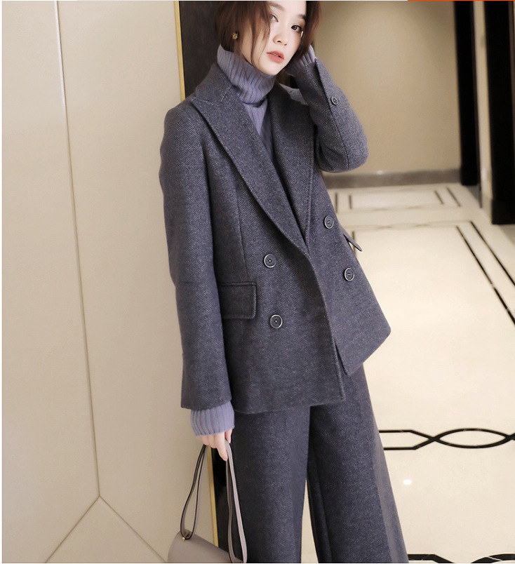 优雅标配 气质灰蓝色客供加厚肌理纹羊毛双排扣修身外套套装上衣