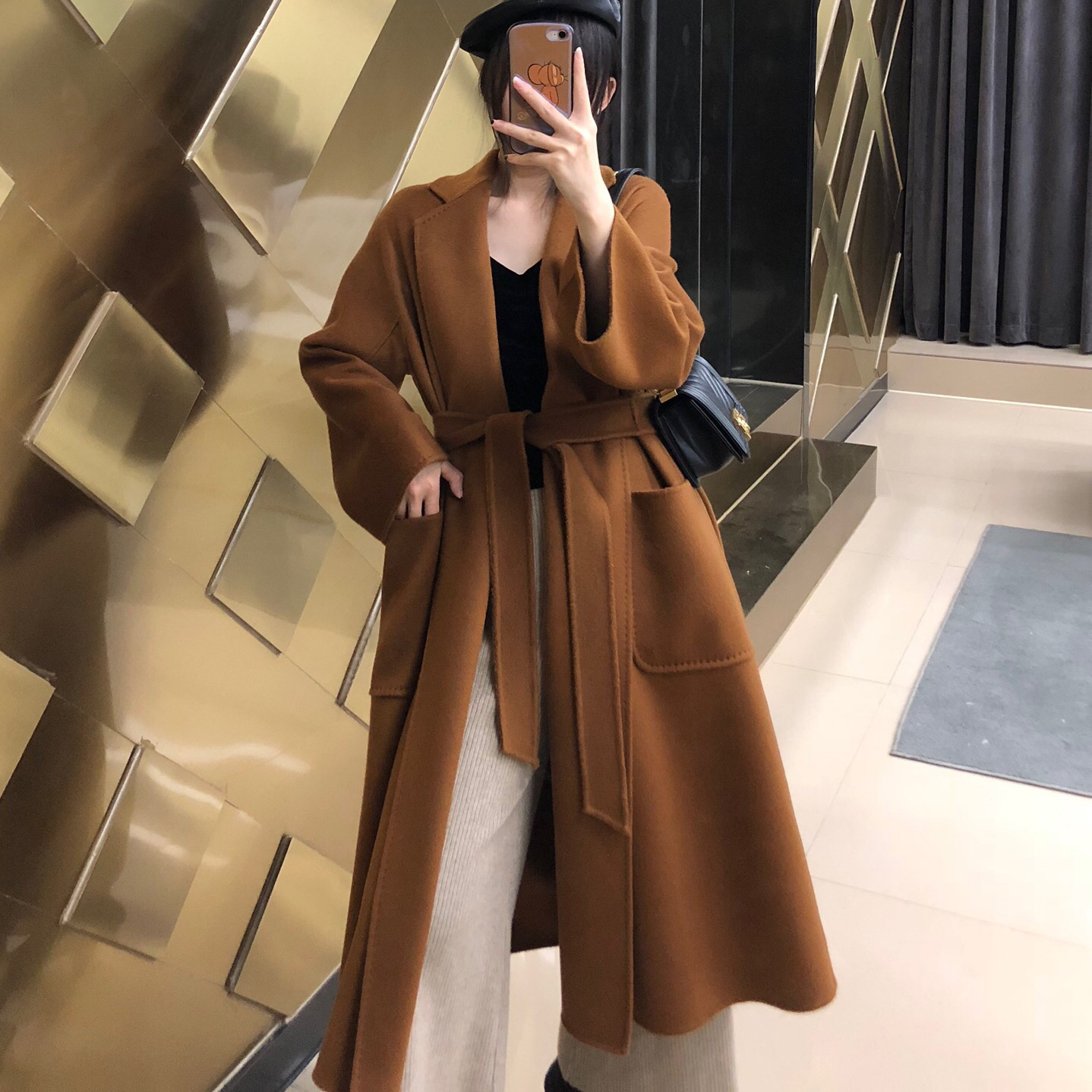 m家labbro双面水波纹山羊绒女max大衣中长款羊毛呢子外套焦糖色