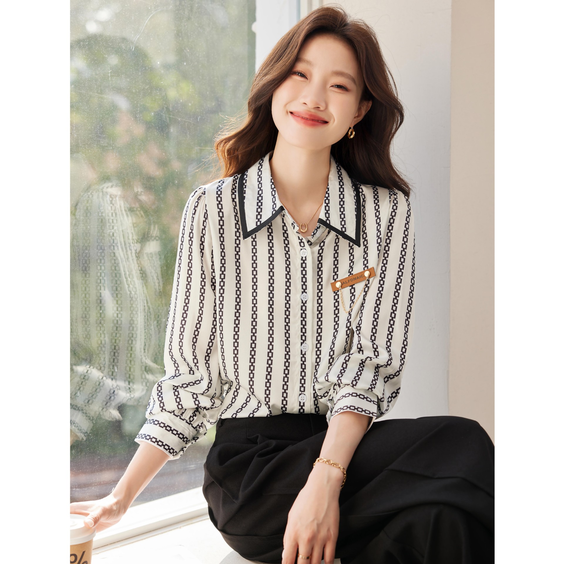 实拍#法式感条纹雪纺衬衫女2025春秋季洋气上衣女士打底长袖衬衣