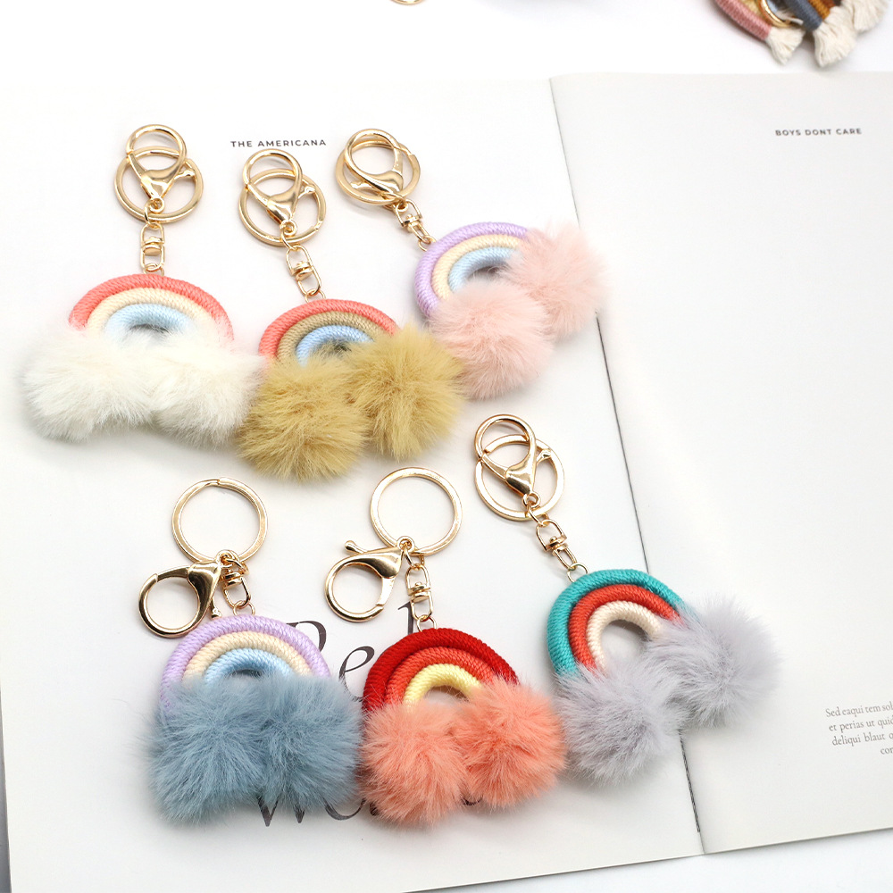new korean fashion pompons pendant rainbow keychain hand woven bag decorative pendant amazon
