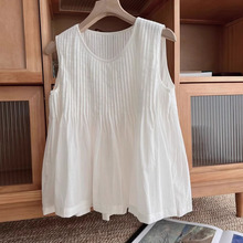 白色压褶棉麻无袖背心小衫女夏季设计感温柔减龄宽松显瘦娃娃上衣