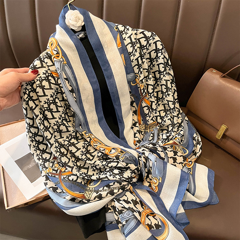 Women's Korean-Style Stitching Design Letter Houndstooth Cotton and Linen Scarf Autumn and Winter Warm All-Matching Outer Shawl Women's Scarf