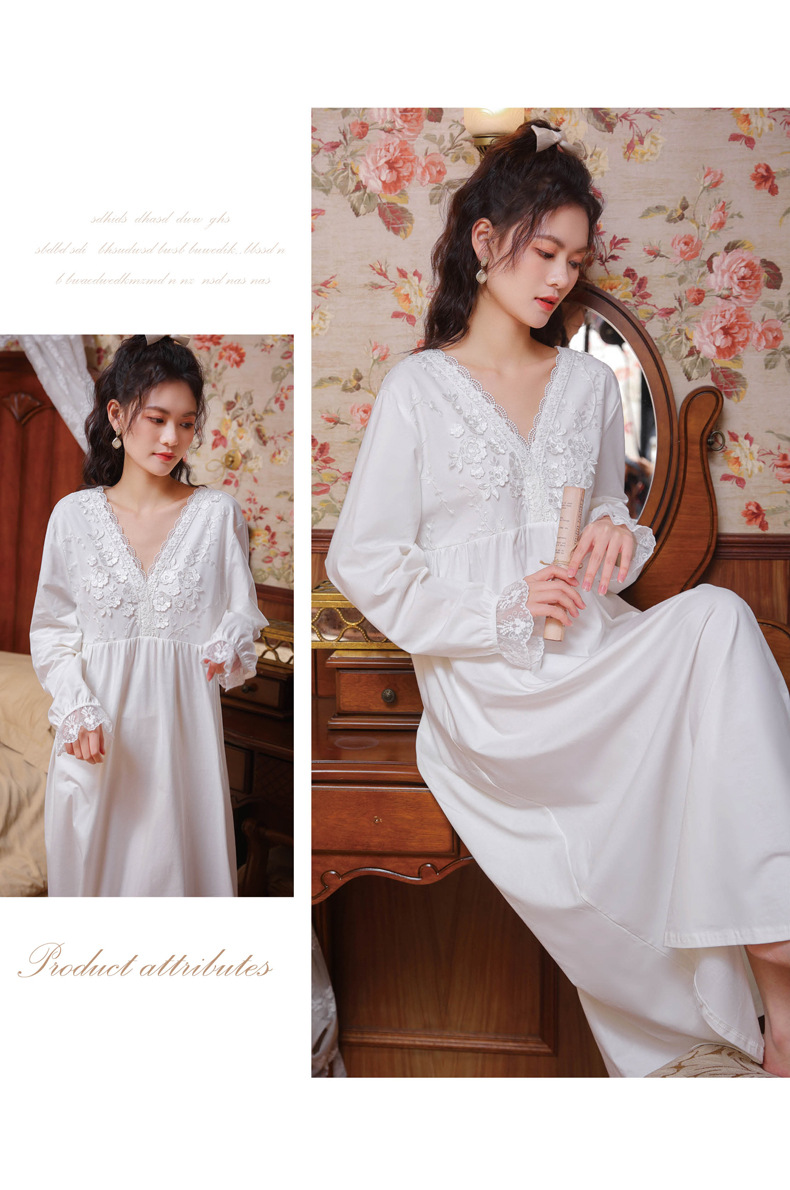 春夏宫廷公主风睡裙女长款刺绣睡衣长袖长裙甜美性感棉秋家居服