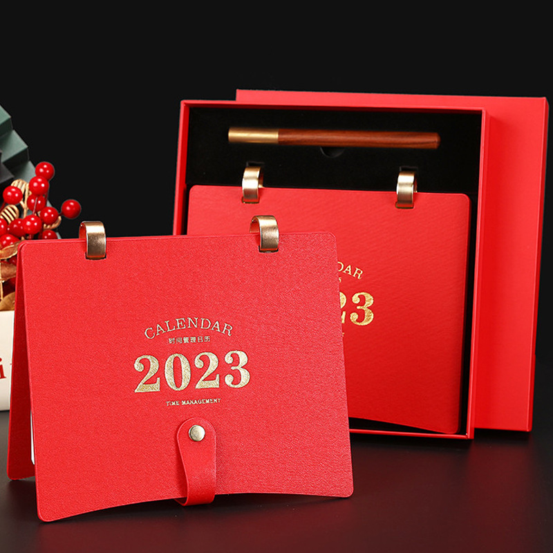 Factory Wholesale Spot Goods 2023 Leather Desk Calendar Creative Red Calendar Simple Chinese Style Plan Notes Calendar