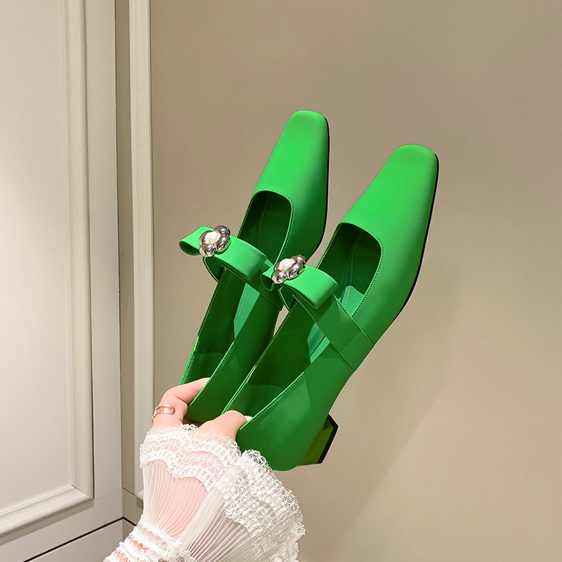 法式方头蝴蝶结玛丽珍鞋女2024早春仙女风绿色平底鞋一字带晚晚鞋