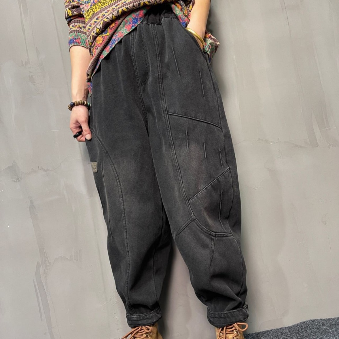 加绒哈伦老爹牛仔裤女款2023秋冬新款复古拼接宽松高腰松紧长裤女