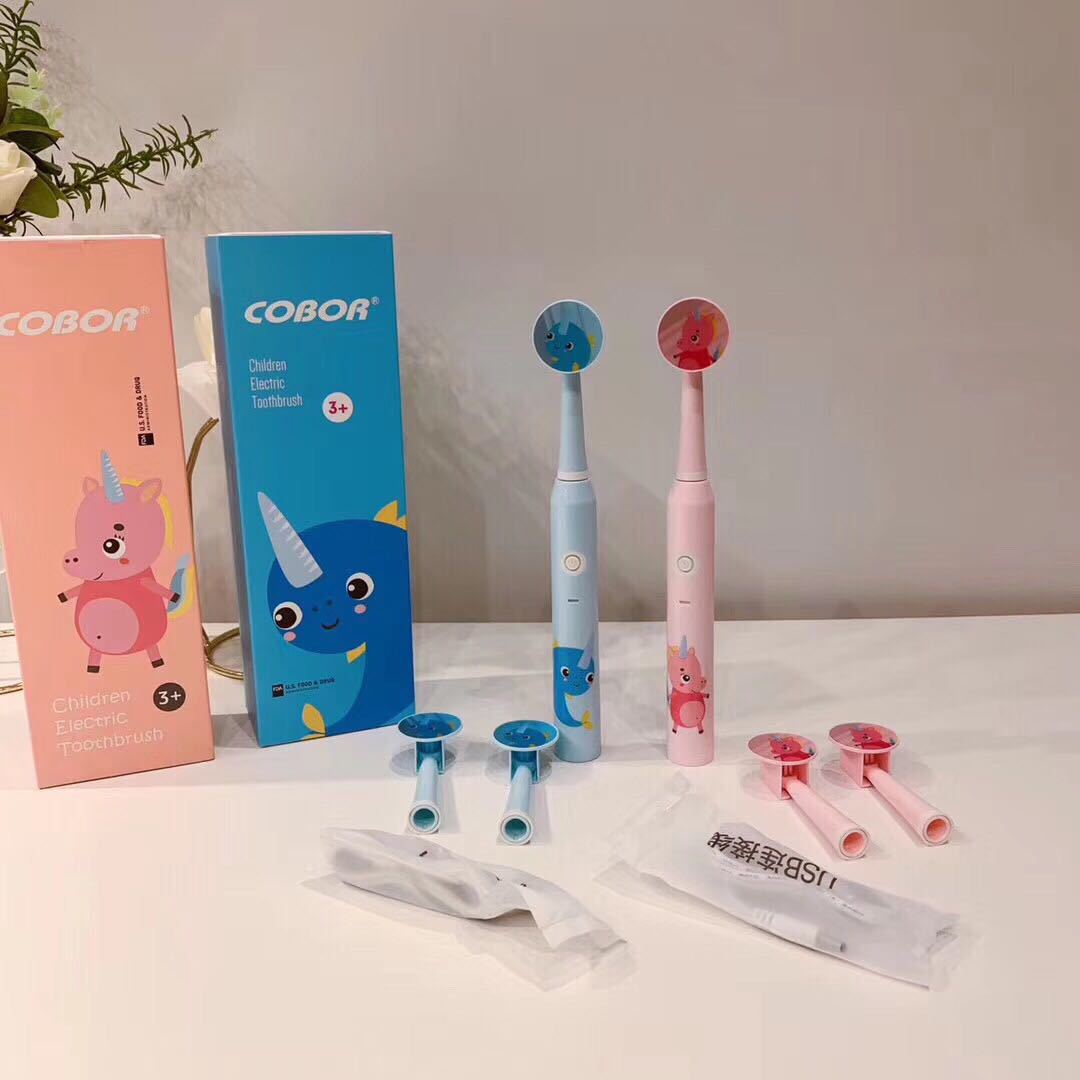 跨境可贝尔cobor儿童独角兽电动牙刷usb声波震动3个软毛刷头批发