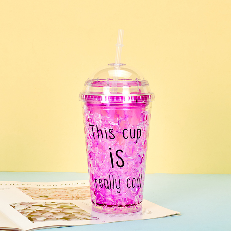 Factory Direct Supply 16Oz Large Capacity Double-Layer Plastic Cup Summer Sequins Crushed Ice Cup Straw Cup Large Ice Cup Customized