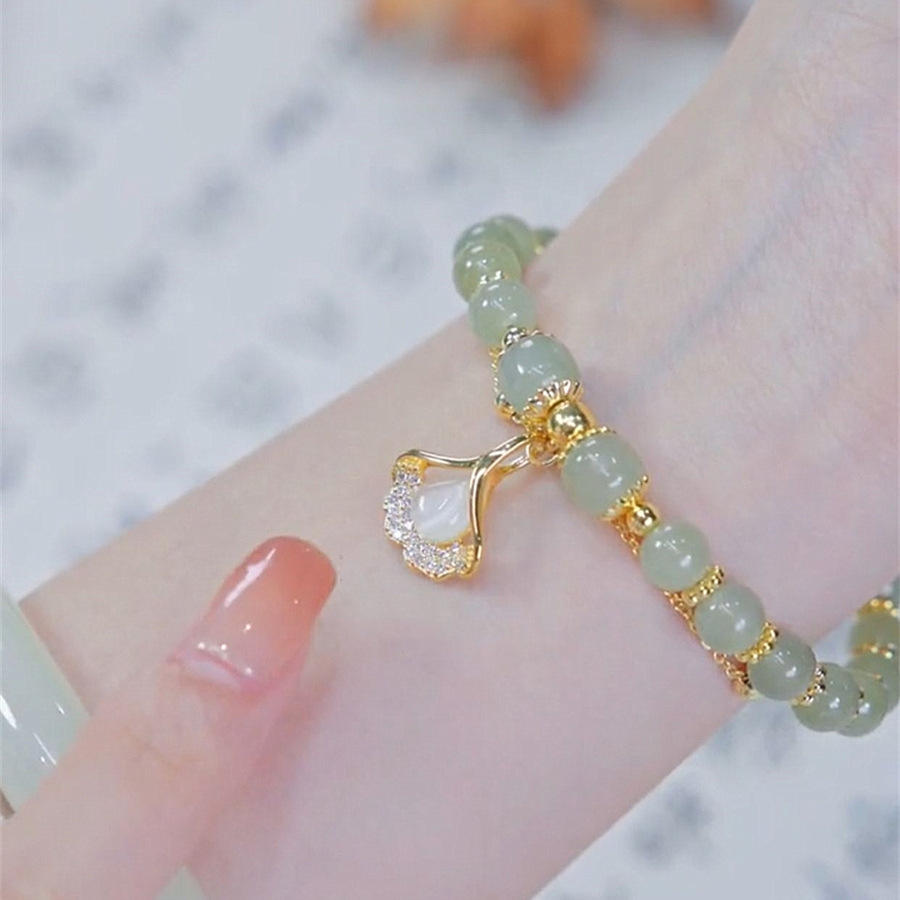 三生有杏遇见你手链女生小众双层猫眼石银杏叶手串和田玉饰品批发