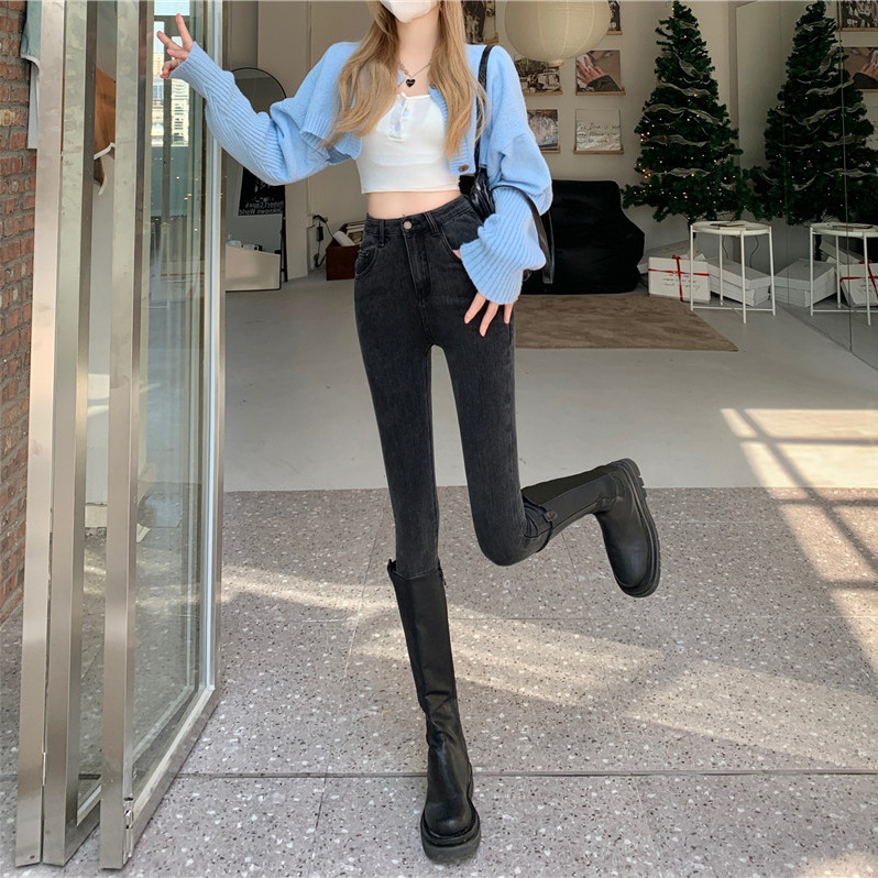   879 Commuter High Waist Tight Jeans Women's Straight Slimming Pencil Pants Casual Ankle Banded Pants Boot Pants