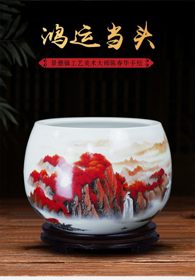 鸿运当头聚宝盆 景德镇陶瓷纯手绘花瓶中式客厅玄关储物字画缸