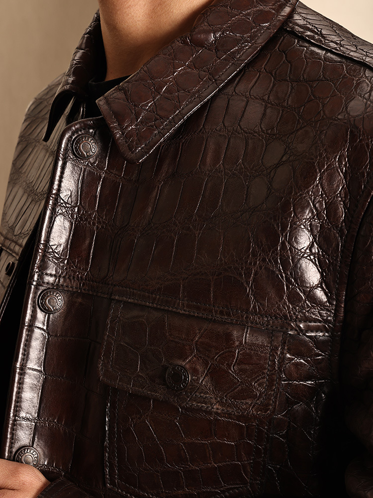 aresgator鳄鱼皮衣现货单排扣翻领休闲擦色直下摆鳄鱼真皮皮衣男