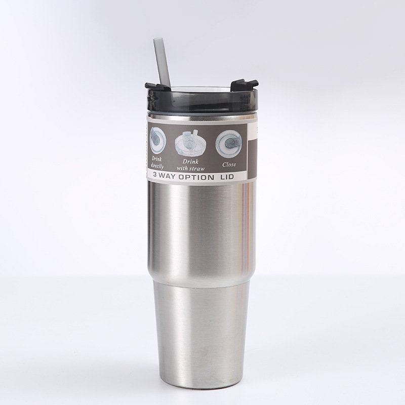 30Oz Stainless Steel Vacuum Cup Double Layer Vacuum Car Cup Large Capacity Cold Insulation Large Ice Cup Car Cup with Straw