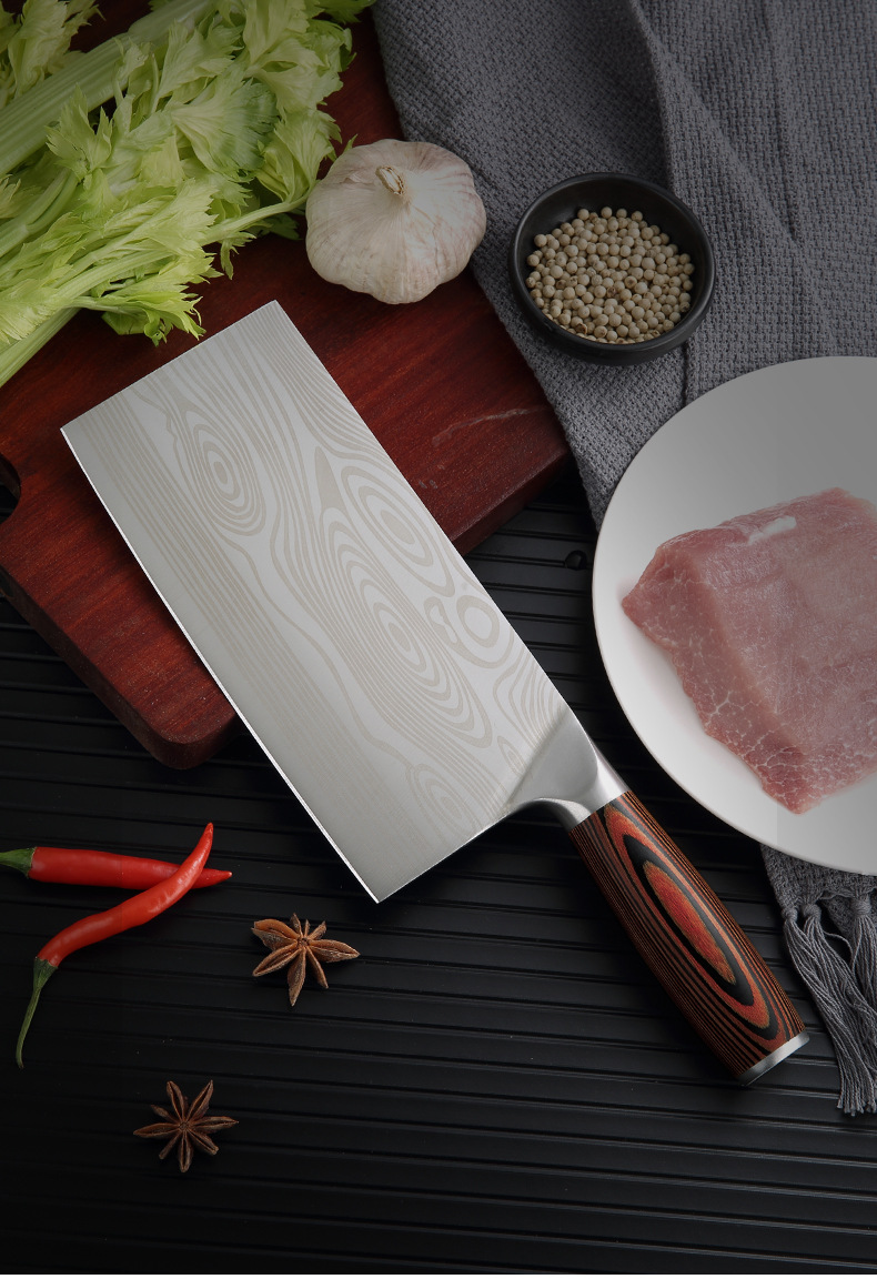 新大马士革激光纹不锈钢切肉切菜刀家用锋利厨师砍骨斩切两用刀具