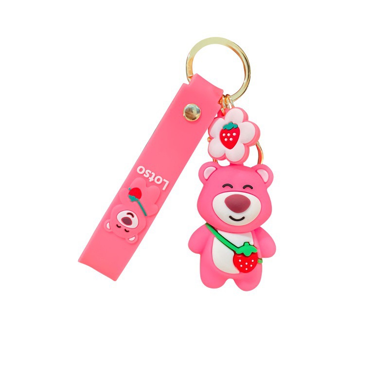 New Cartoon Cute Strawberry Bear Keychain Couple Women Bag Car Key Chain Pendant Crane Machine Small Gift