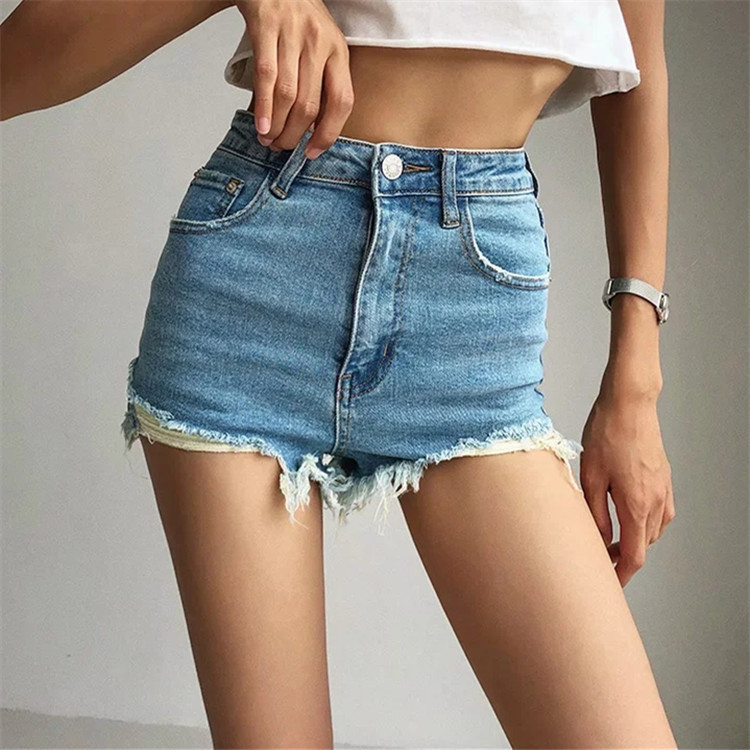 2023 Summer New European and American Style Tight Denim Shorts Women's High Waist Slim Fit Tassel Rough-Edge Wide-Leg Shorts Hot Pants