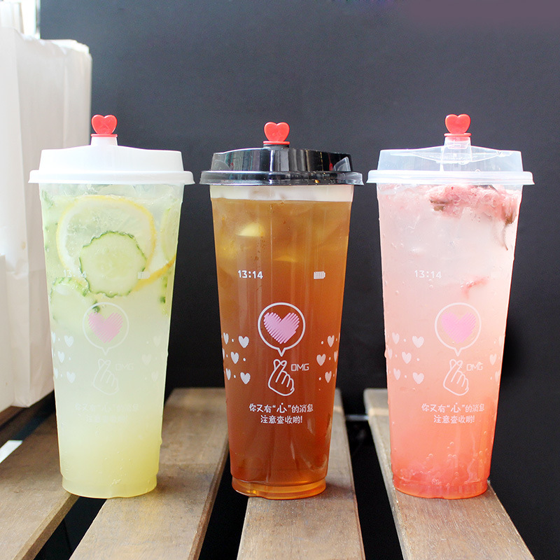 90口径一次性塑料杯网红奶茶杯装冷饮料水果汁外卖打包杯子带盖