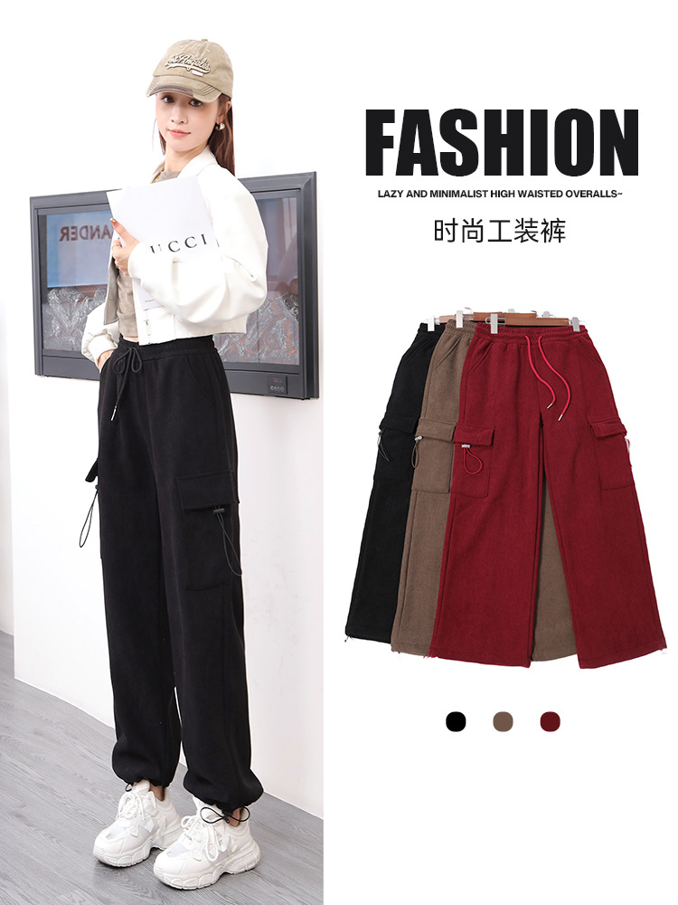 women‘s overalls women‘s autumn and winter new fleece-lined thickened american casual sports pants high waist straight one piece dropshipping