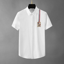 欧洲站刺绣衬衫男士新款免烫织带英伦风高级感工装商务短袖衬衣