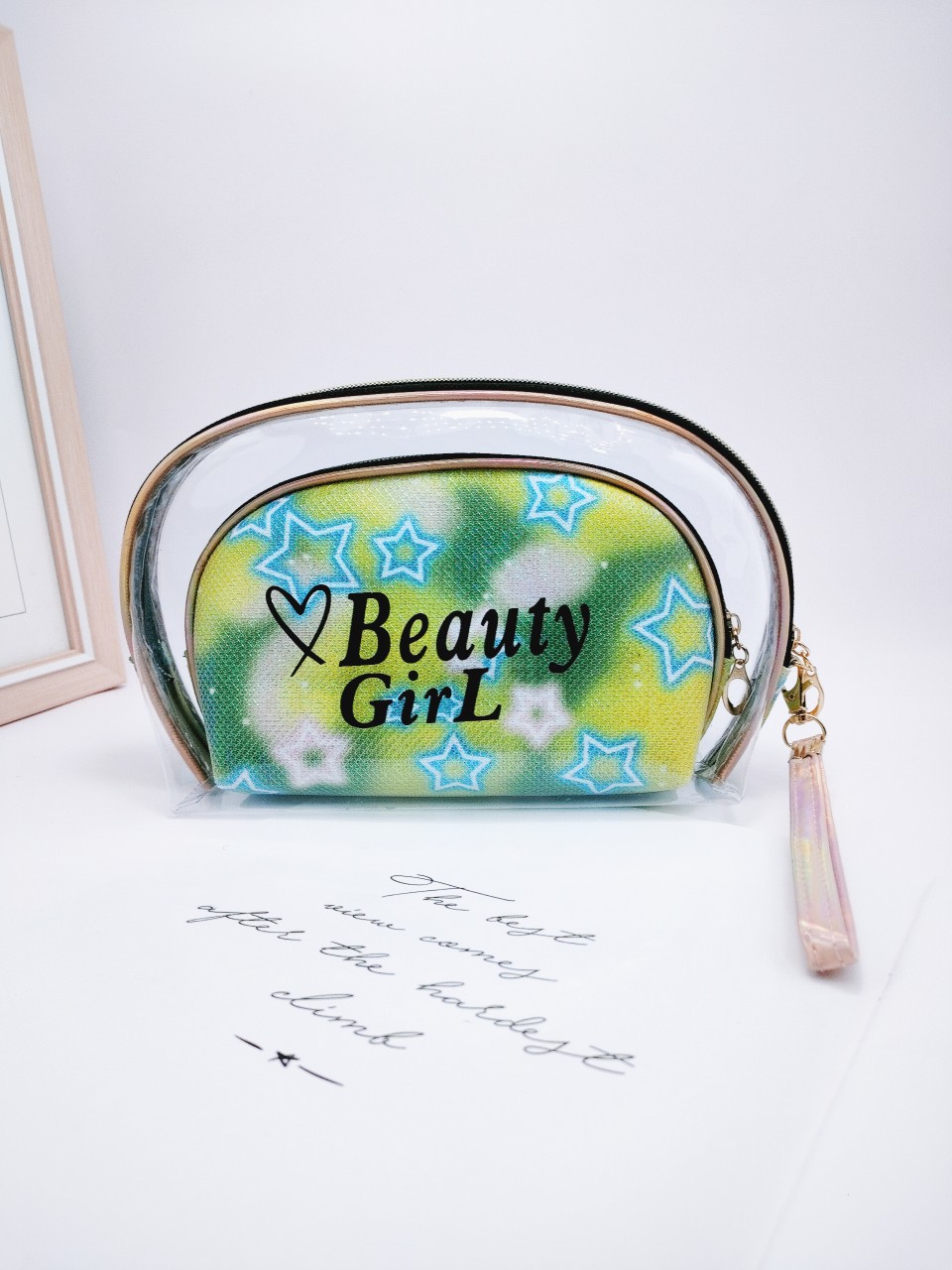 Cross-Border New Arrival Transparent PVC Semicircle Two-Piece Set Cosmetic Bag Female Shell Clutch Washing and Makeup Bag Portable Waterproof Water Resistant Cosmetic Bag Wholesale