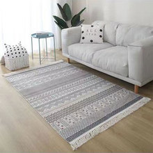 北欧仿棉麻编织毯 客厅房间卧室床边地毯地垫 印花长方形流苏地毯