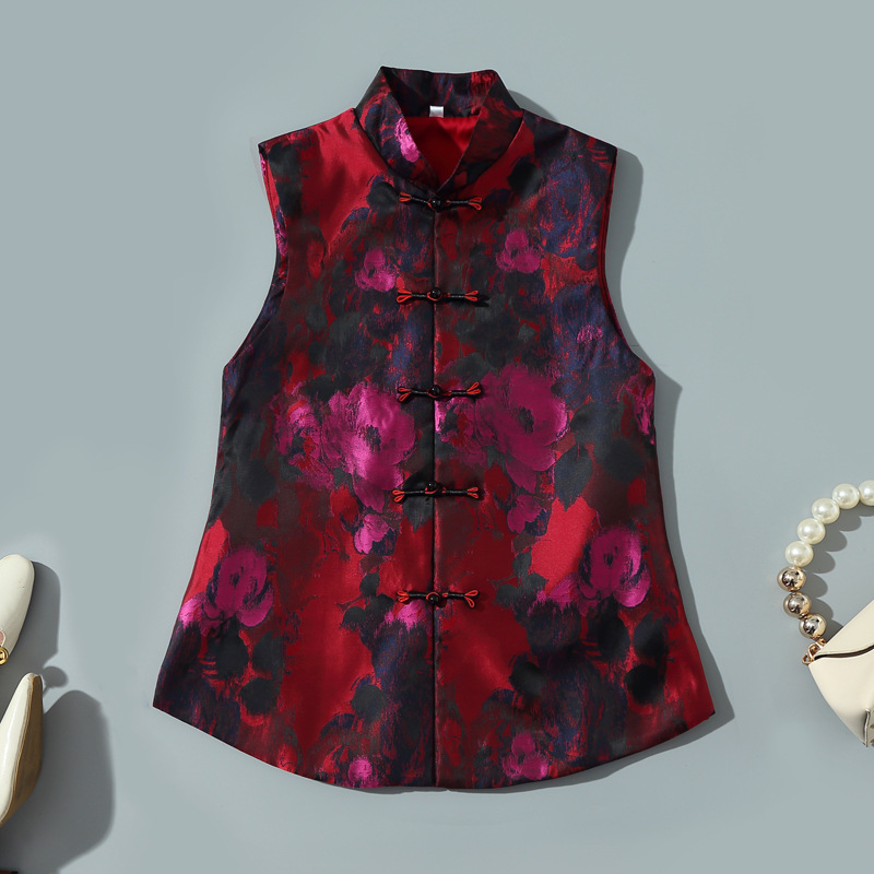 2022新款油画质感复古直襟唐装马褂国风无袖立领小外套提花马甲女