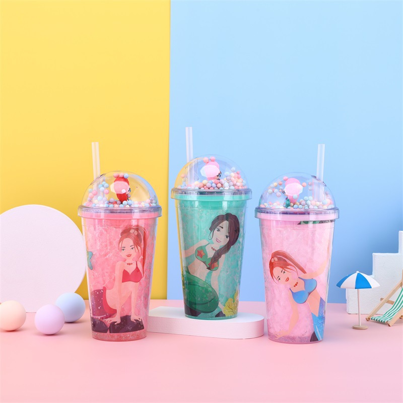 Creative Student Cartoon Figures Fish Plastic Cup Summer Series Micro Landscape Crushed Ice Cup Portable Seal Cup with Straw Wholesale