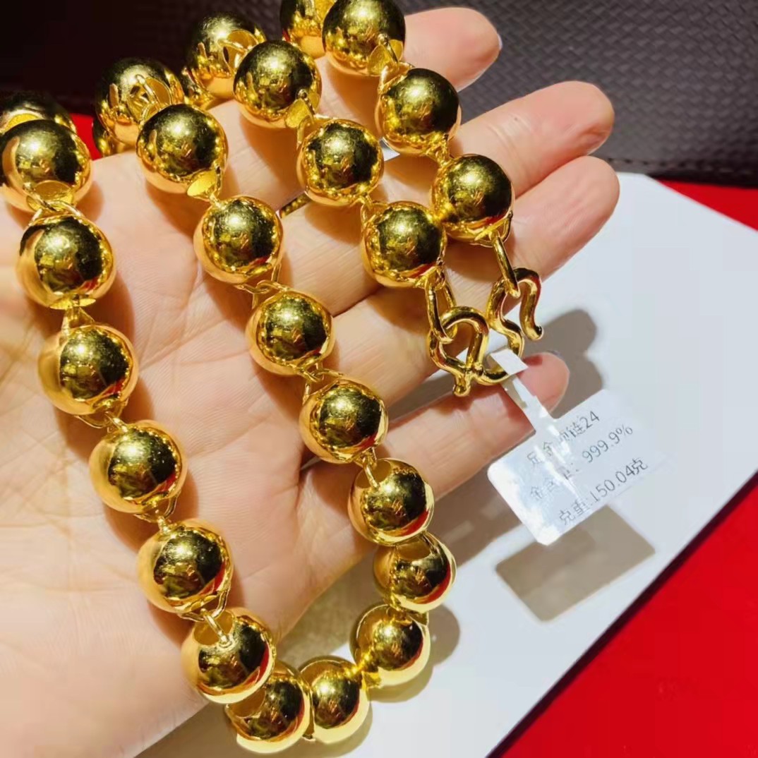 黄金项链男女足金999纯金链子圆珠光面珠佛珠加长常规链水贝批发
