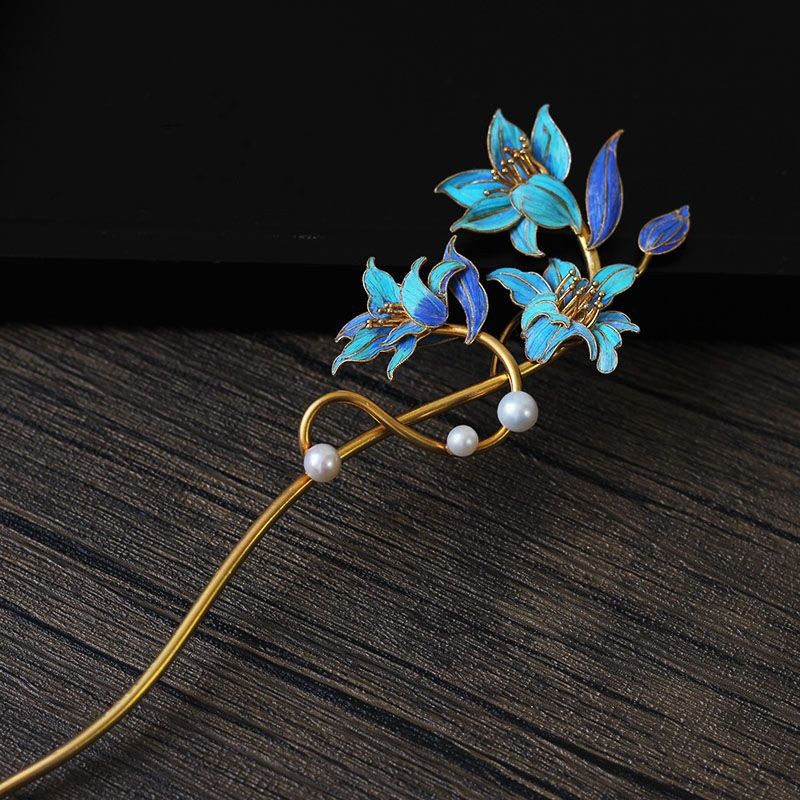 镀金百合花国风古典高端非遗仿点翠发簪鹦鹉毛发饰时尚轻奢礼物