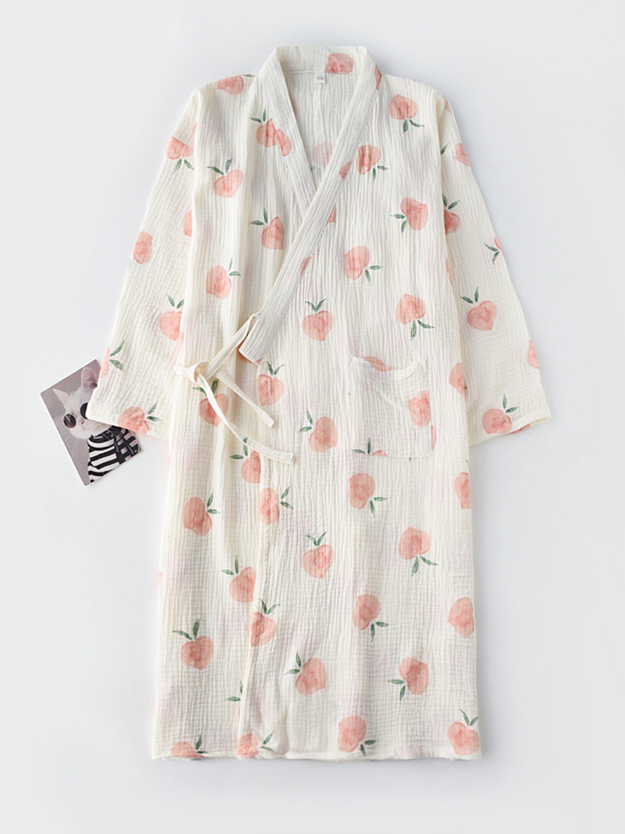桃子绉布睡袍和服浴袍女春秋夏季纱布双层薄款家居服睡衣-阿里巴巴