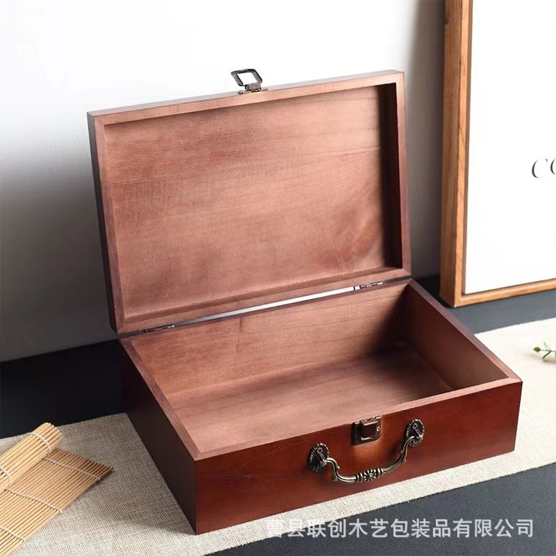 Wooden Souvenir Collection Box Gift Box with Lock Desktop Storage Box Square Belt Handle Solid Wood Storage Box