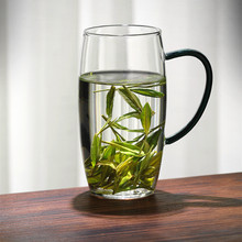 高硼硅透明玻璃绿茶杯大容量水杯女士花茶杯带把手单层果汁饮料杯