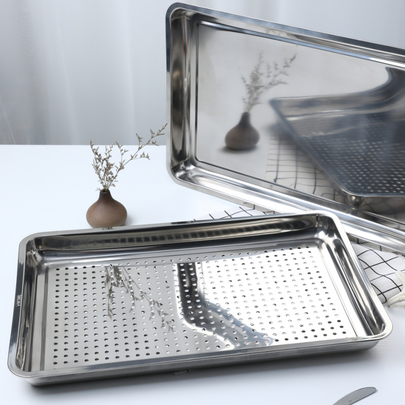 Place of Origin Direct Sales Thickened 304 Stainless Steel Square Plate Canteen Steaming Plate Large Capacity Grilled Fish Plate Multi-Specification Tray