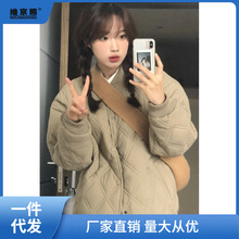 美式黑色棉服女秋冬新款加厚oversize棉袄设计感小众菱格外套批发