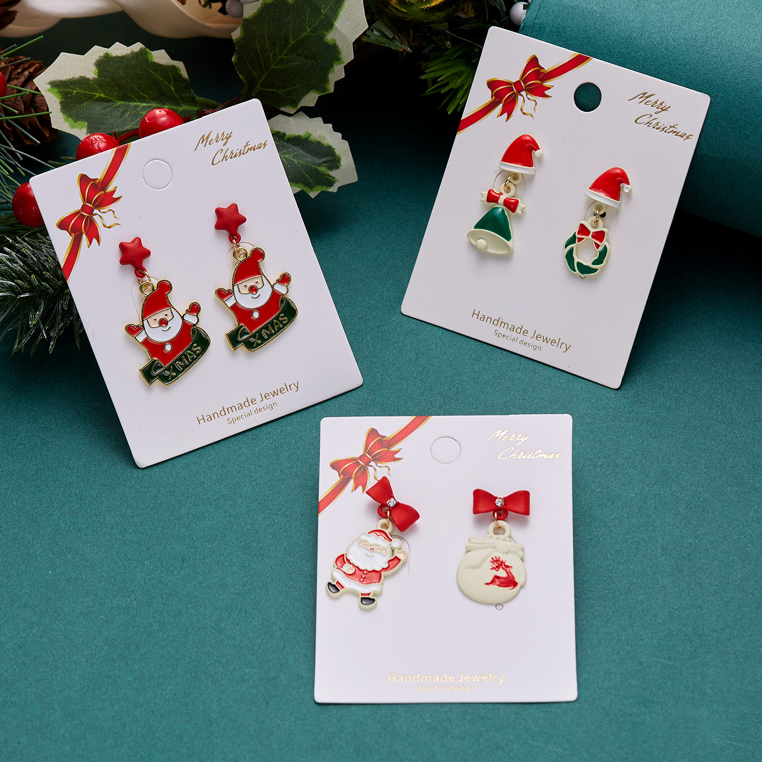 Cross-Border New Arrival Santa Snowflake Bowknot Flower Earrings Personality Types a and B Asymmetric Christmas Stud Earrings Earrings