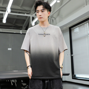 ins超火渐变色短袖男加肥加大码胖子嘻哈街头潮牌bf扎染感t恤