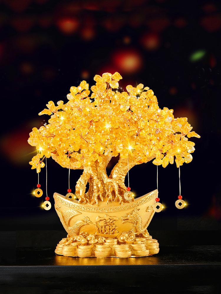 招财摆件黄水晶发财树家居客厅酒柜装饰品电视柜小摇钱树开业礼物