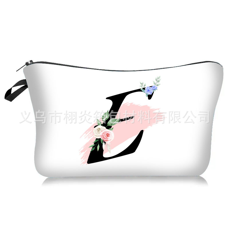 Cross-Border New Arrival 26 Letter Printed Polyester Makeup Bag Amazon Floral Letter Clutch Storage Wash Bag