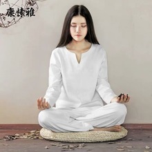 纯色棉麻瑜伽服套装女宽松复古禅修服打坐冥想居士服汉服茶服批发