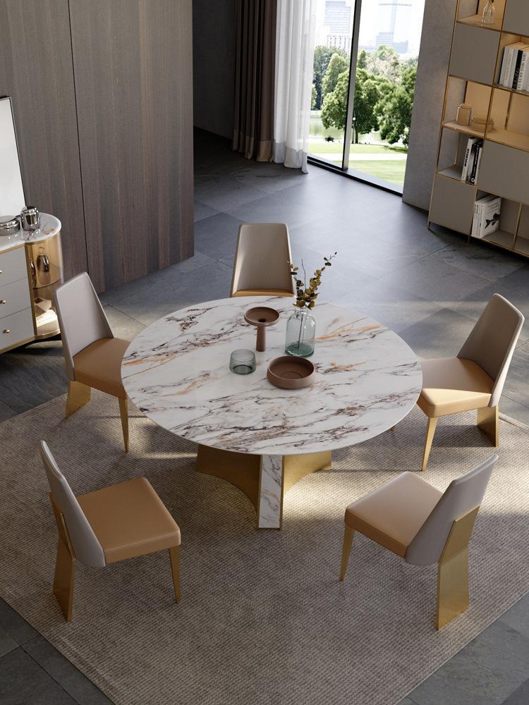 岩板餐桌圆桌带转盘设计师不锈钢家庭饭桌意式轻奢岩石板餐桌h89