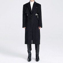 小众设计感假两件镂空长款毛呢大衣女冬季新款加厚黑色解构外套
