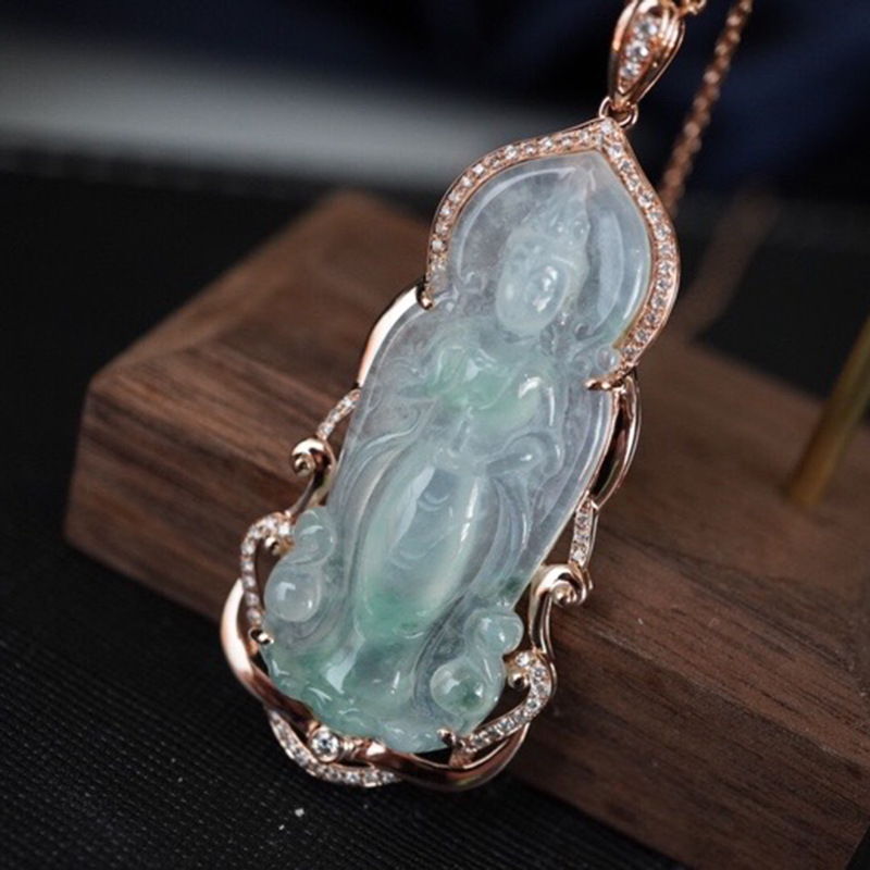 18k金镶翡翠观音吊坠 男士翡翠吊坠 玉观音 项坠 含链 配证书包装