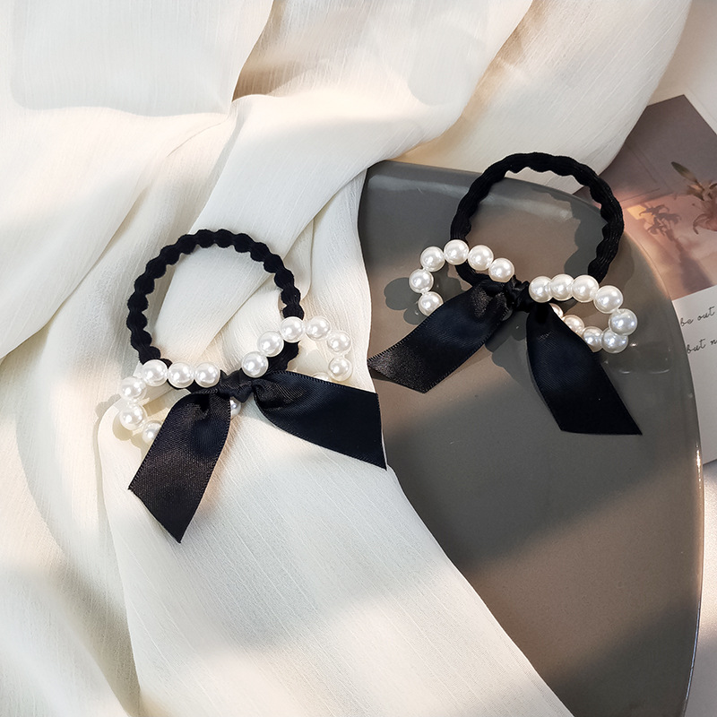 韩国夏季珍珠圆球蝴蝶结发绳女发饰头花皮筋简约气质可爱发圈批发