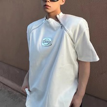夏季小众金属标设计高级感短袖双拉链拼接立体T恤男美式高街卫衣