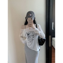 韩版宽松白色卡通印花长袖T恤女夏季薄款防晒罩衫不规则抽绳上衣