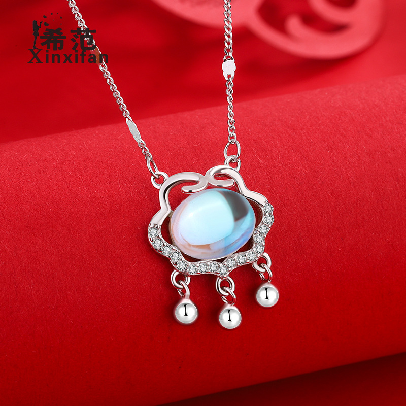 s925纯银平安锁项链女士镶嵌月光石如意锁民族风网红直播银饰批发